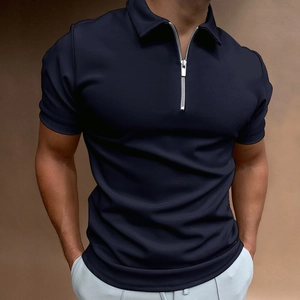 Detail shot of navy blue slim fit polo shirt featuring a modern silver zip placket design
