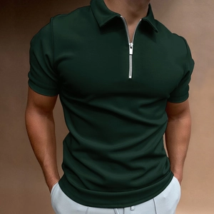 Detailed view of dark green men's Polo shirt with modern silver metal zipper neckline