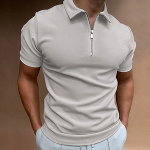 Close-up of modern men's slim fit polo shirt featuring a stylish metal zipper neckline