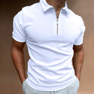 Close-up of white slim-fit polo shirt featuring a modern silver metal zipper neckline