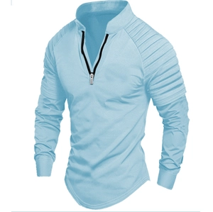 Herren Langarm-Poloshirt in Hellblau mit Reißverschlusskragen und Schulterfalten-Detail