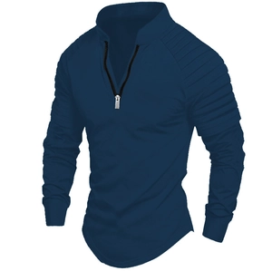 Slim Fit Herren Polohemd in Dunkelblau mit Viertelreißverschluss und plissierter Schulterpartie