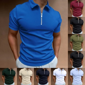 Fashion Men's Slim Fit Zipper Polo Shirt Short Sleeve Solid Color Lapel T-Shirt Casual Summer Breathable Athletic Top