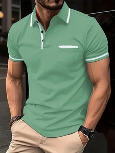 Men's slim fit mint green polo shirt with contrast striped collar and chest pocket