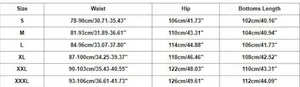 Size chart for men's leisure pants showing S to 3XL waist and length measurements