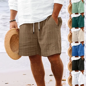 Pantalones cortos de lino y algodón para hombre con rayas, cordón y bolsillos en la playa