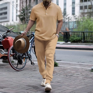 Casual two-piece men shirt set with short sleeves and pants in vertical textured fabric