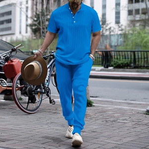 Men's bright blue waffle knit summer two-piece short sleeve polo and pants set