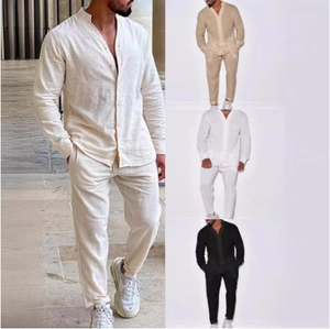 Men's linen casual set with long sleeve button-up shirt and trousers in three colors