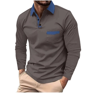 Polo da uomo slim a maniche lunghe grigia con colletto a contrasto blu e taschino