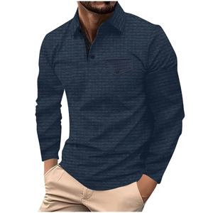 Men's navy blue long sleeve polo shirt with textured plaid pattern and chest pocket