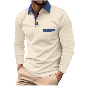 Polo uomo a maniche lunghe beige con colletto a contrasto blu e taschino sul petto