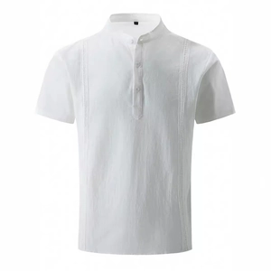 Men's white cotton linen Henley shirt with vertical embroidery and short sleeves