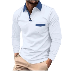 Polo da uomo a manica lunga bianca con colletto e taschino a contrasto blu scuro