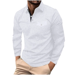 Men's Casual Long Sleeve Polo Shirt Waffle Knit Texture Fashion Lapel Top With Contrast Collar And Chest Button Pocket