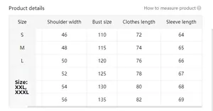 Size chart for striped linen shirt detailing shoulder width, bust, length and sleeve dimensions