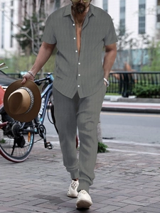 Detail of gray ribbed texture fabric on men's casual short sleeve shirt and pants set