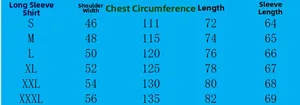 Size chart for men's long sleeve plaid shirt showing measurements from S to 3XL
