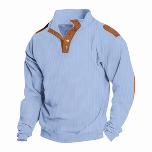 Men's light blue waffle knit polo shirt with vintage brown suede shoulder and elbow patches