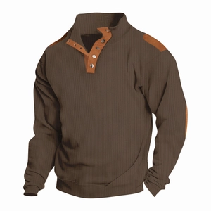 Men's brown waffle knit polo shirt with leather patchwork and snap buttons