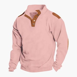 Pink waffle knit men's long sleeve polo shirt with brown patches and metal buttons