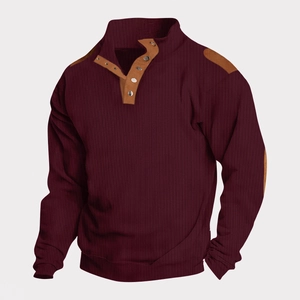 Detail of waffle knit fabric and contrast elbow patches on burgundy men's henley polo