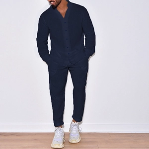 Men's navy blue linen casual set featuring a long-sleeved button shirt and matching trousers