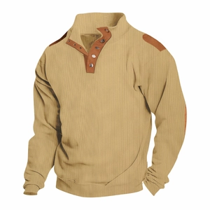 Detail of khaki Henley polo shirt showing knitted texture and brown button placket