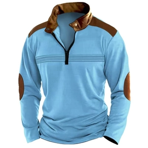 Polo da Uomo Patchwork con Mezza Cerniera Manica Lunga Trama a Nido d'Ape Casual Slim Fit Top Pullover con Toppe sui Gomiti