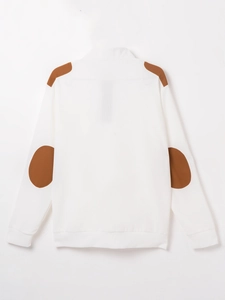 Rear view of white waffle knit polo shirt featuring brown elbow patches and stand collar