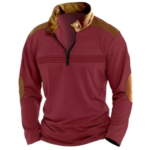 Polo da uomo a maniche lunghe con zip e toppe sulle spalle color rosso vino