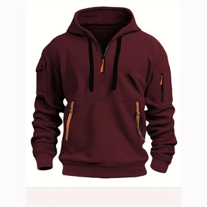 Sudadera granate para hombre con media cremallera y múltiples bolsillos