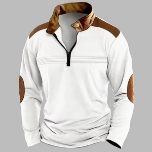 Polo da uomo a maniche lunghe in tessuto a nido d'ape con patchwork bianco e marrone