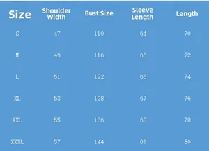 Detailed size chart for men's hoodies with measurements for shoulder, bust, and sleeve length