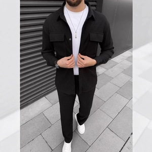 Men's black corduroy long sleeve shirt and trousers two-piece casual set outfit