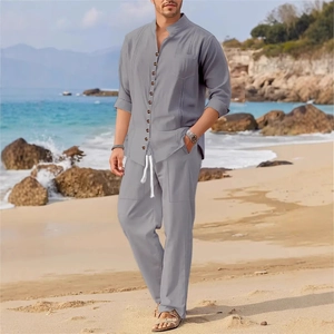 Men's casual grey linen two-piece beach set with long sleeve shirt and drawstring pants