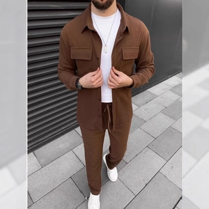 Men's brown corduroy two-piece casual set with long sleeve shirt and drawstring trousers