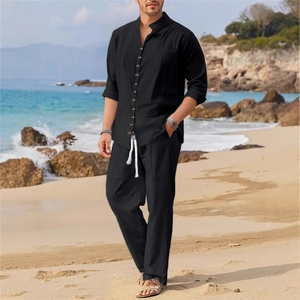 Men's black cotton linen long sleeve shirt and trousers set for beach and casual wear