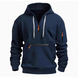 Men's navy blue hoodie with orange zipper details and functional sleeve pocket