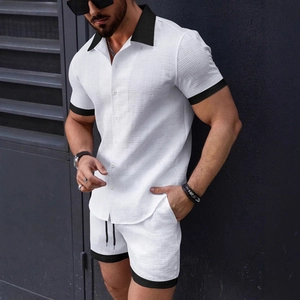 Men's Casual 2-Piece Set Summer Waffle Texture Shirt And Shorts Color Block Short Sleeve Lapel Beach Outfit For Men