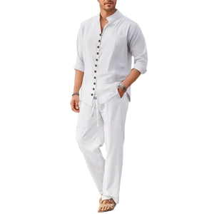 Men's white cotton linen shirt and drawstring pants casual two-piece beach set