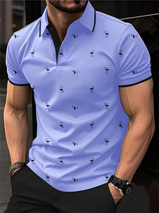 Detail of flamingo print and black contrast collar on light blue men's polo shirt