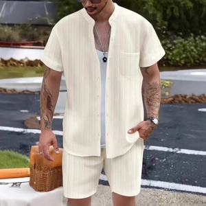 Men's summer beach set featuring a short sleeve henley shirt and matching shorts in beige