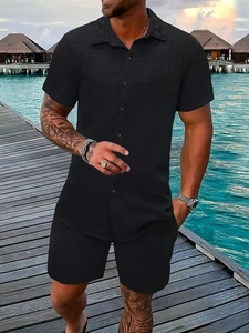 Detail showing the pleated fabric texture and button design of men's summer resort set