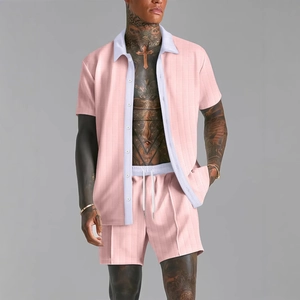 Men's pink waffle knit short sleeve shirt and shorts set with white contrast trim