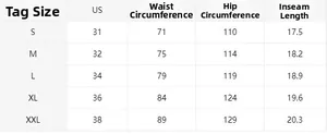 Detailed size guide table for men's casual shorts with US waist measurements and hip sizes