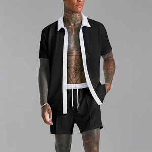 Men's summer casual two-piece wafffle knit set with color-block shirt and drawstring shorts
