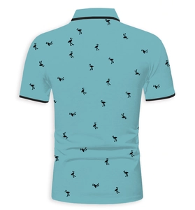 Detail view of the back of a light blue men's polo shirt with black flamingo silhouette print