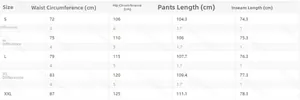 Detailed size chart for men cotton straight leg pants including waist and hip measurements