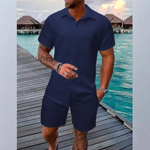 Men's navy blue summer set with short sleeve shirt and shorts in jacquard waffle texture